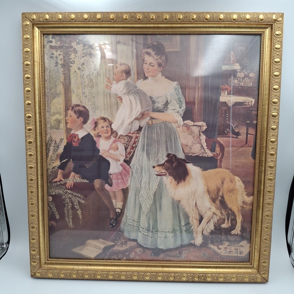 Carl Hirschberg Framed Print Victorian Mother Children Collie Dog‎ Gold 18"x17"